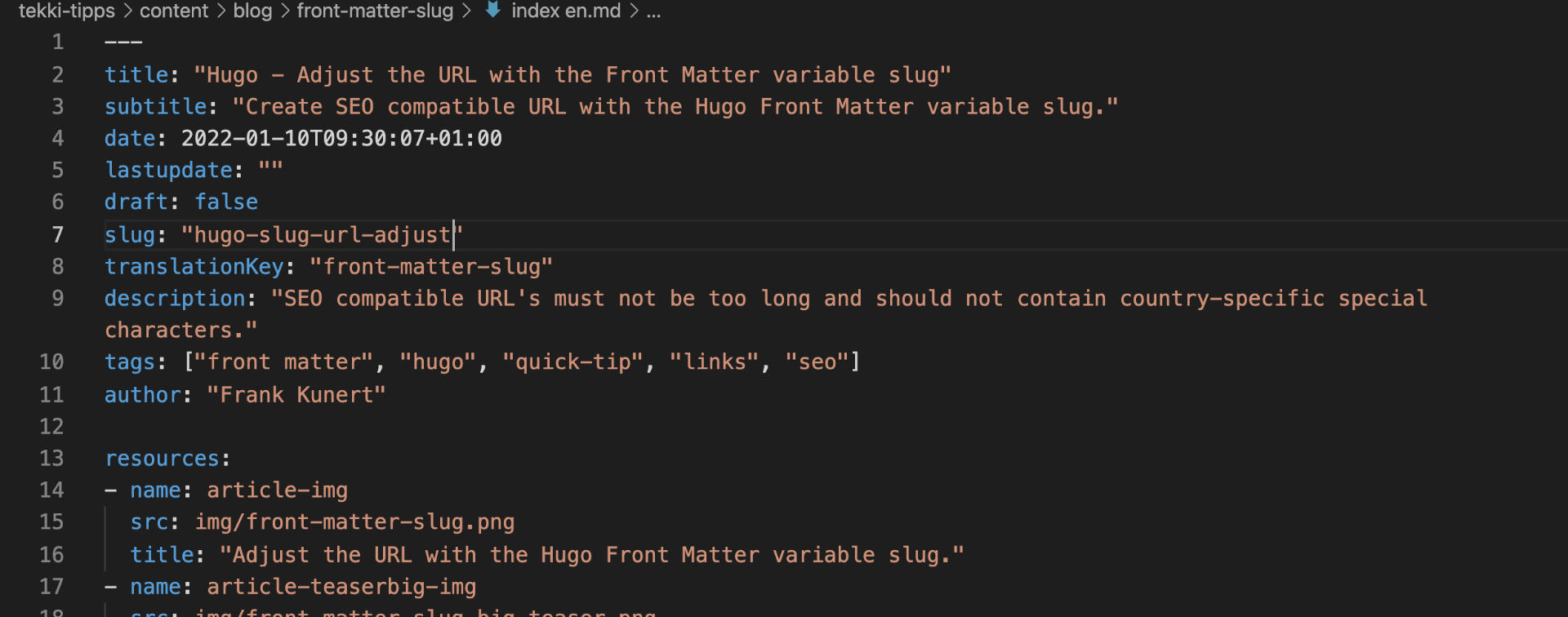 Adjust the URL with the Hugo Front Matter variable slug.