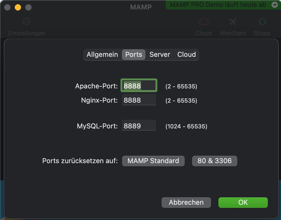 MAMP settings Ports